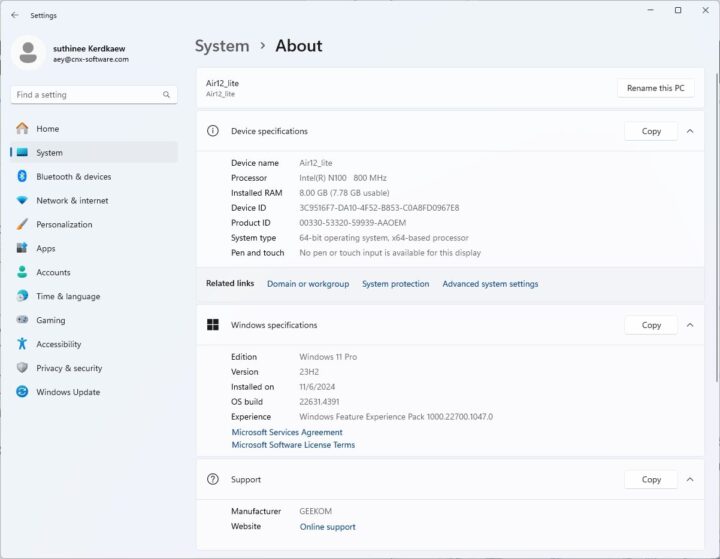 Windows 11 Pro System about GEEKOM Mini Air12 Lite