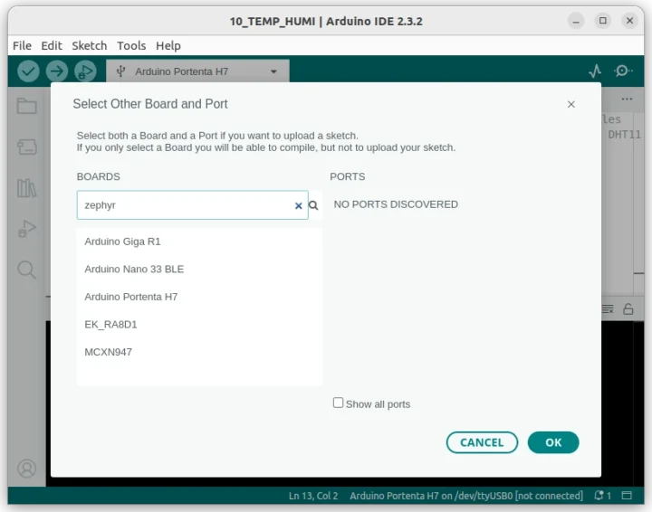 Arduino IDE Zephyr Boards List