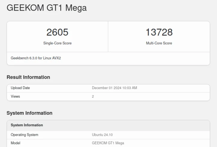 GEEKOM GT1 Mega Geekbench 6.3 Ubuntu Linux