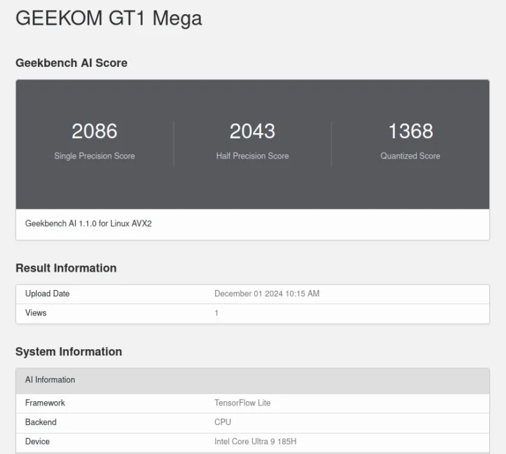 GEEKOM GT1 Mega Geekbench AI Score Ubuntu 24.10 Linux