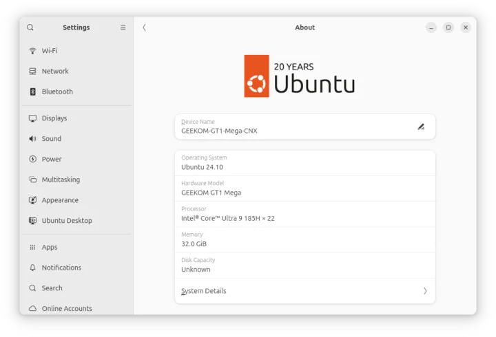 GEEKOM GT1 Mega Ubuntu 24.10 Settings About
