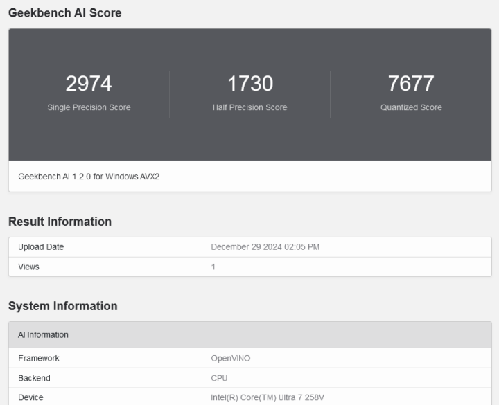 Geekbench AI OpenVino Intel Core Ultra 7 285V CPU