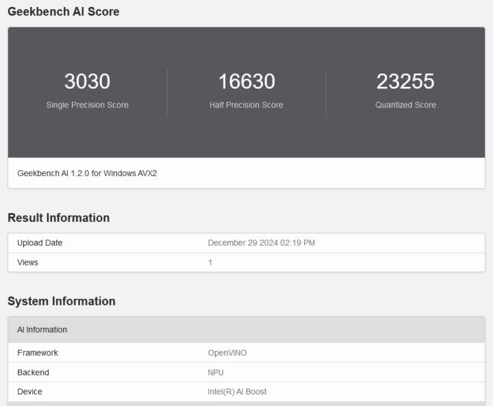 Geekbench AI OpenVino Intel Core Ultra 7 285V NPU