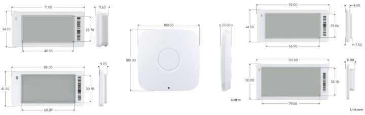 2.13inch, 2.66inch, 2.9inch and 3.5inch ESL e paper displays and wireless BLE base station dimensions