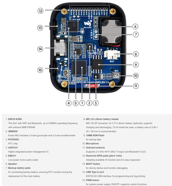 ESP32 S3 1.8inch AMOLED display development board specifiations