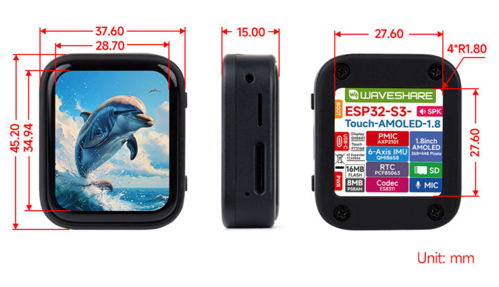 ESP32 S3 AMOLED display development board dimensions