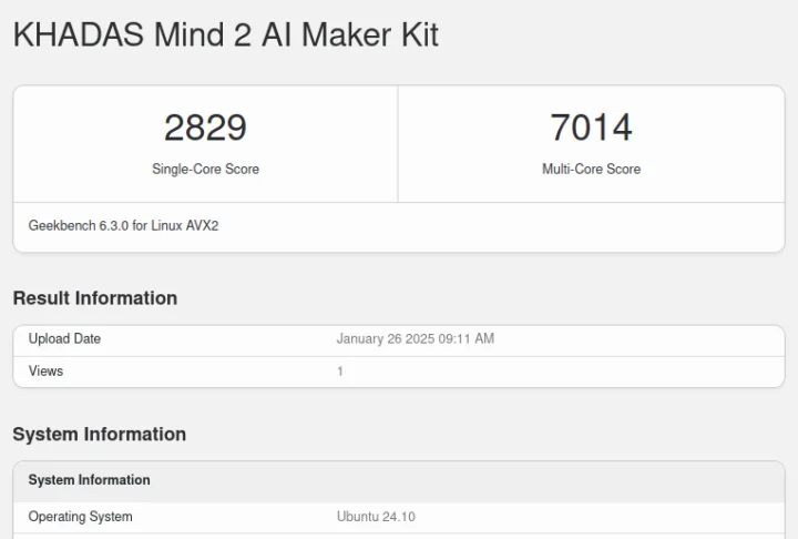 GeekBench 6.3.0 Linux KHADAS Mind 2 AI Maker Kit