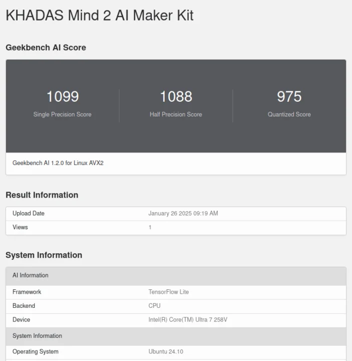 GeekBench AI 1.2.0 Linux Intel Core Ultra 7 258V CPU