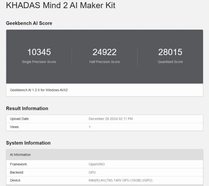 Geekbench AI OpenVino Intel Core Ultra 7 285V Arc 140V GPU