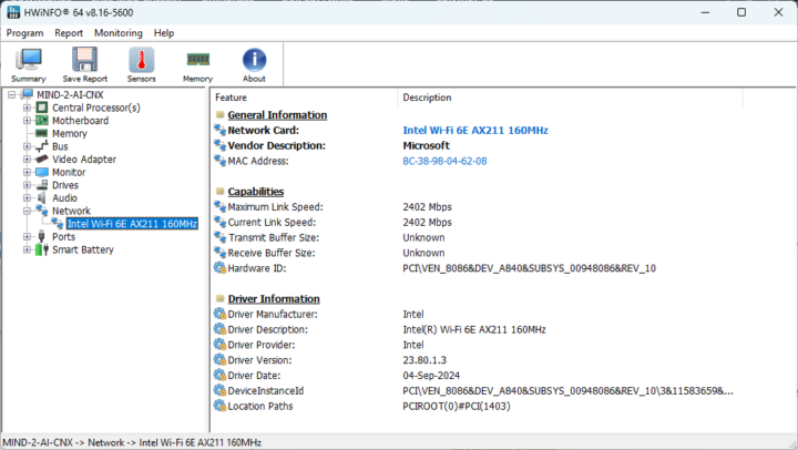 HWiNFO 64 Intel AX2110 network card