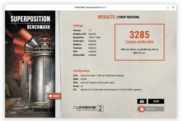 Intel Arc 140V Unigine Superposition Benchmark VT-d disabled Linux 6.13