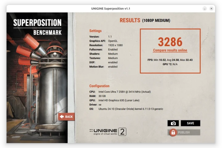 Intel Arc GPU Unigine Superposition Benchmark VT-d enabled