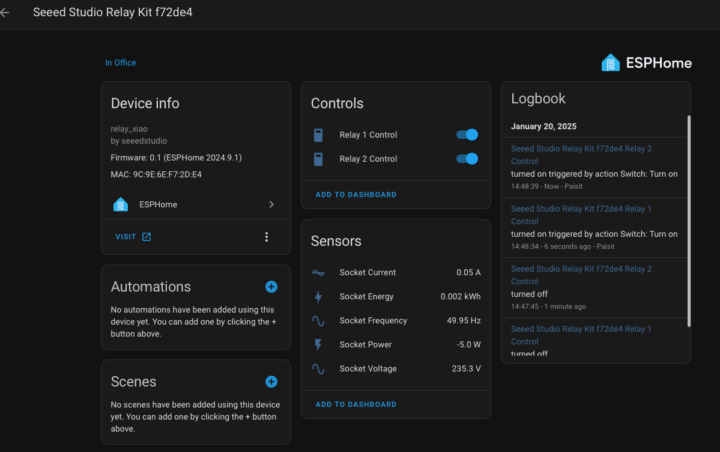 ESPHome-based Seeed Studio Relay Kit's entities in Home Assistant