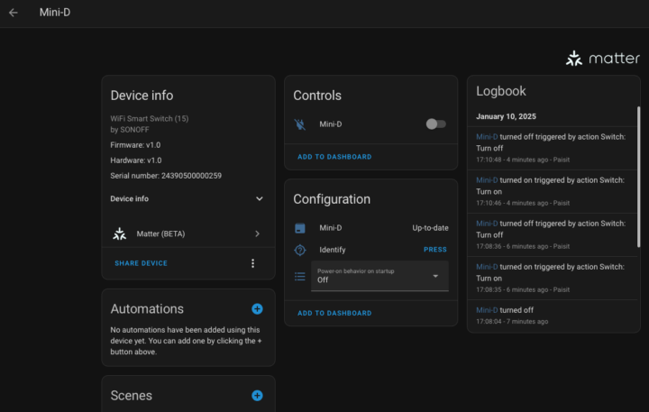 Sonoff Mini-D Home Assistant Matter integration