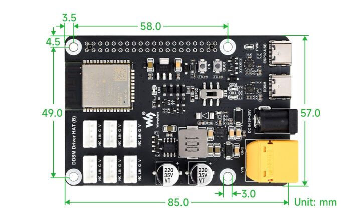 Waveshare DDSM Driver HAT (B) Dimensions