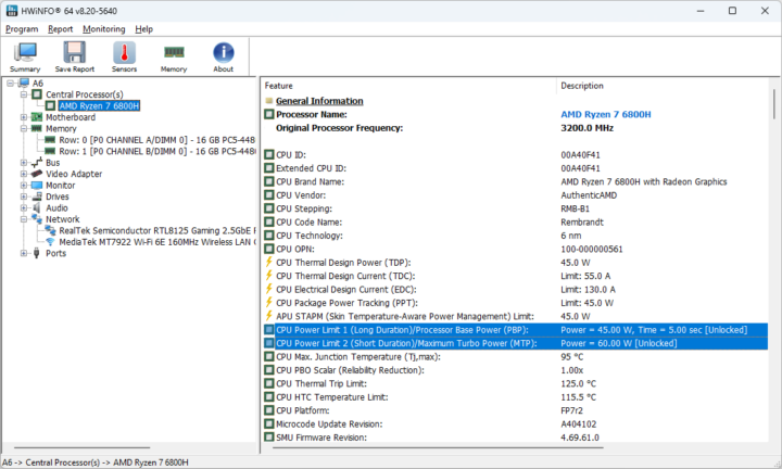 AMD Ryzen 7 6800H CPU Power Limits PL1 PL2