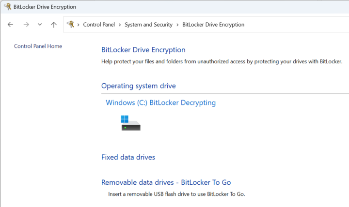 BitLocker Drive Encryption windows