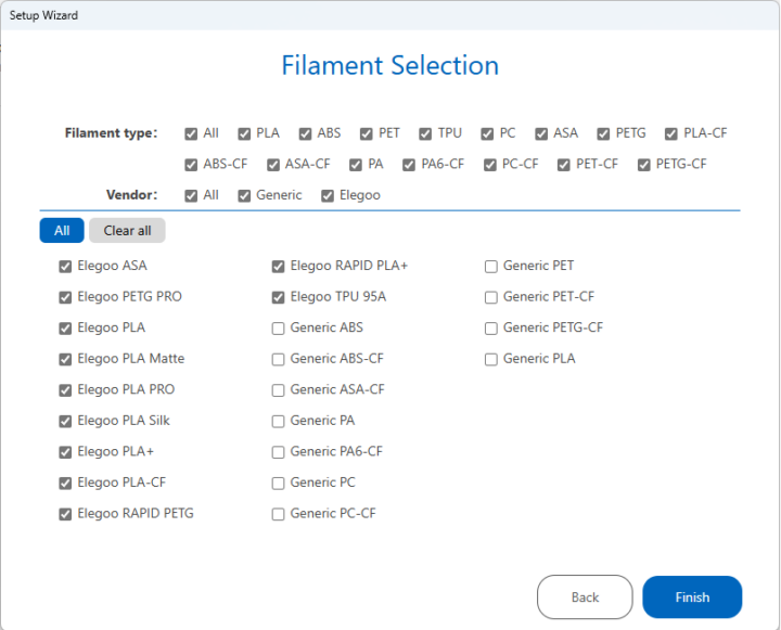 ElegooSlicer Filament selection