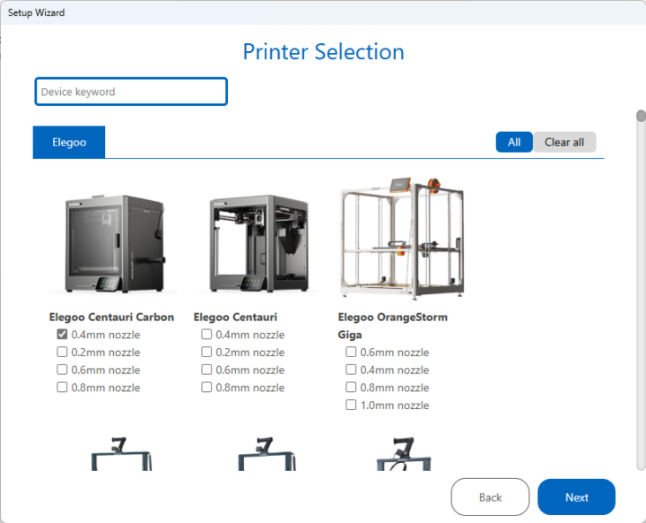 ElegooSlicer Printer selection