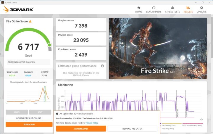 GEEKOM A6 3D Mark Fire strike Score 1920x1080