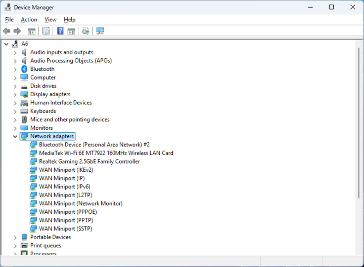 GEEKOM A6 Device Manager Bluetooth WiFi 6E 2.5GbE