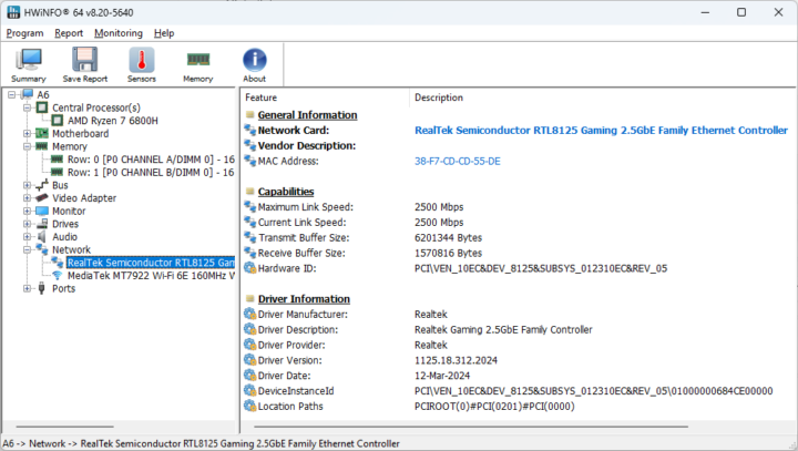 GEEKOM A6 RTL8125 2.5Gbps Ethernet Controller