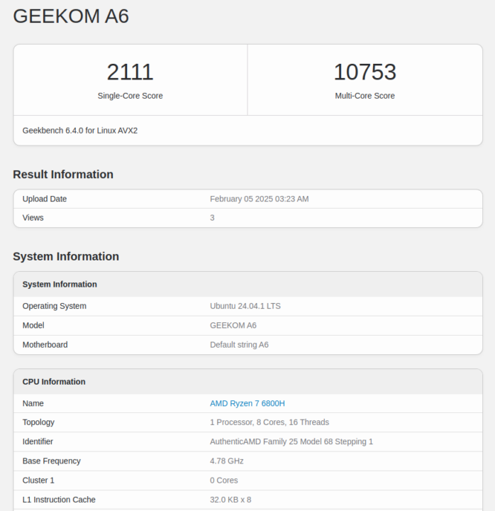 GEEKOM A6 geekbench 6.3 linux