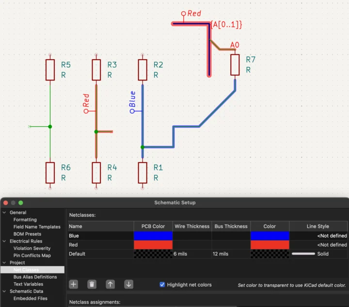 KiCad 9 Net class color highlighting