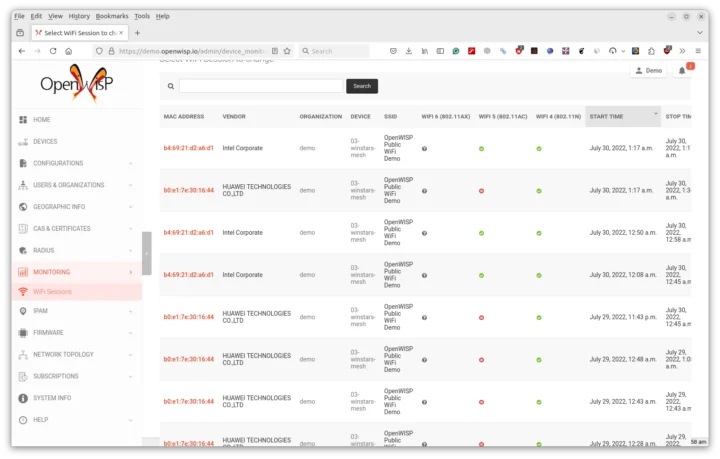 OpenWISP WiFi sessions