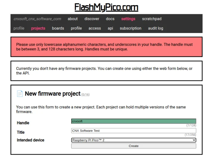 Raspberry Pi Pico 2 Web Interface Create New Project