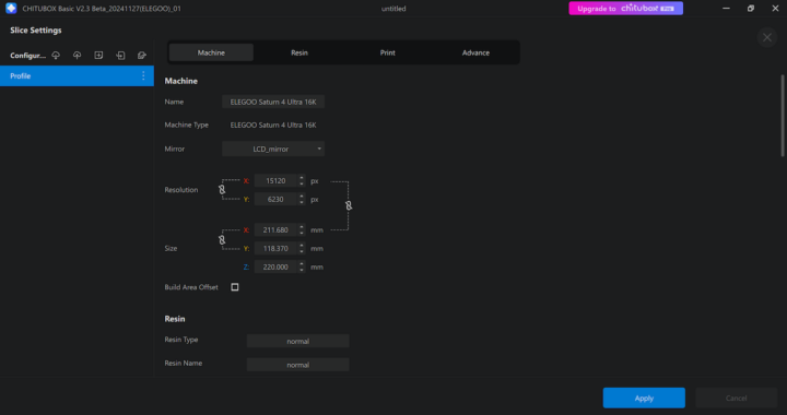 Saturn 4 Ultra 16K CHITUBOX Slice Settings Profile Machine