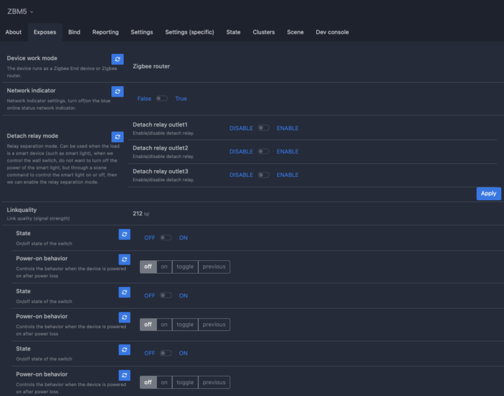 Sonoff ZBM5 Home Assistant Zigbee2MQTT exposes menu