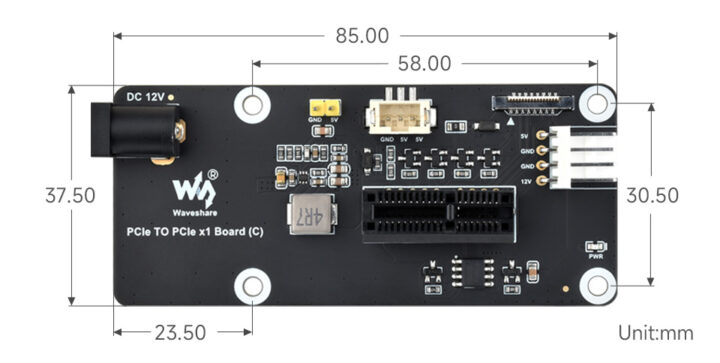 Waveshare PCIe TO PCIe x1 Board (C) Diemnsions