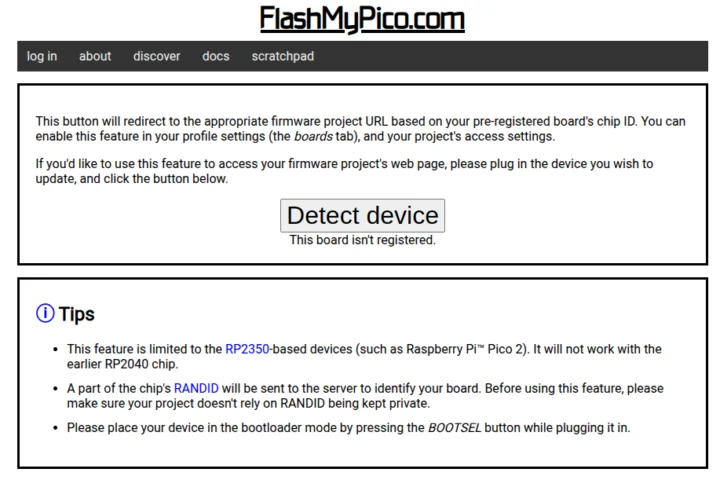 flashmypico board isnt registered